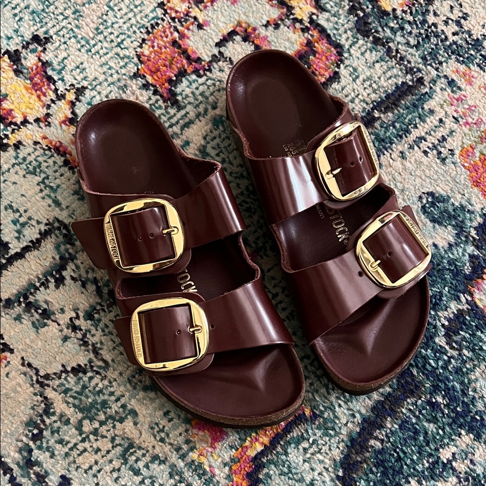 Birkenstock Arizona Gold Big Buckle High Shine Chocolate Leather Patent Sandals